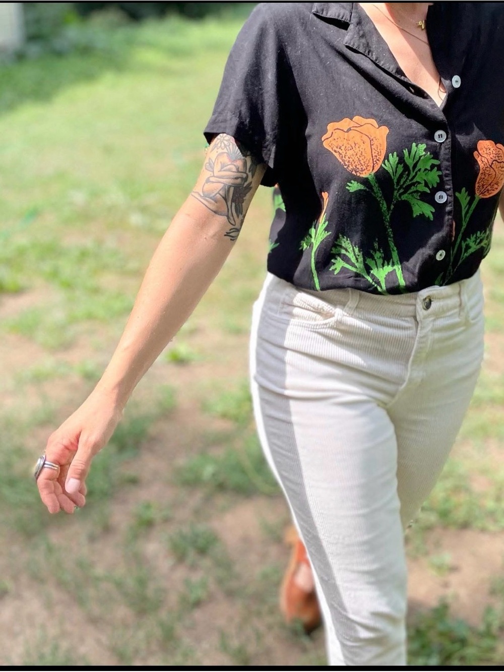 Big Bud Press Pantry Button Up Shirt Orange Floral Poppy Print Cotton | XXS